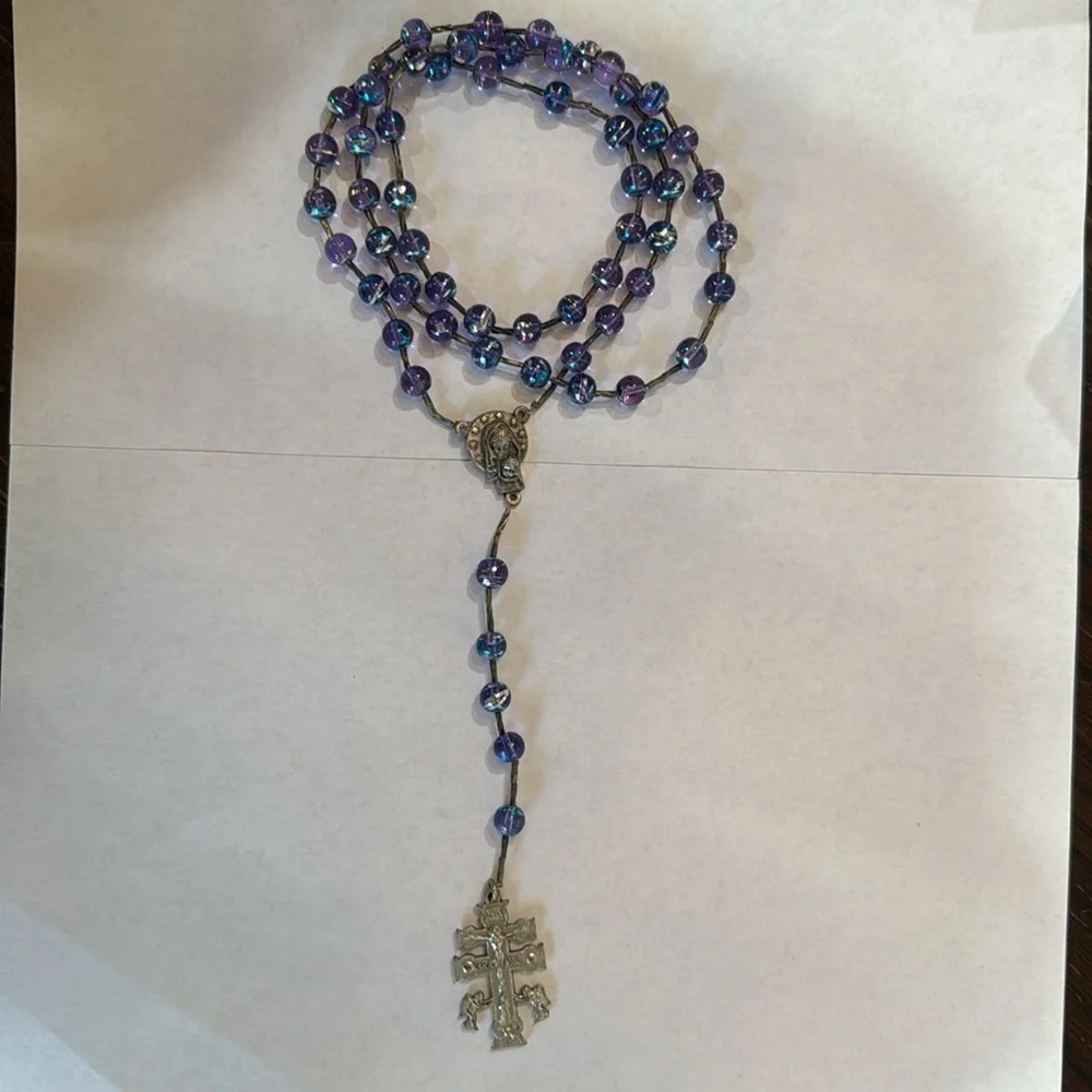 CRUZ DE CARAVACA PURPLE GEM SILVER SPACERS BEAUTIFUL ‎ CATHOLIC ROSARY